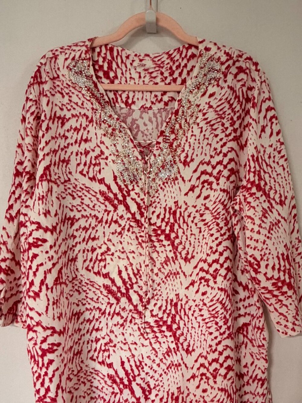 Princess Cruises Womens Blouse XXL Red White Abstract Embellished Lace Up Top